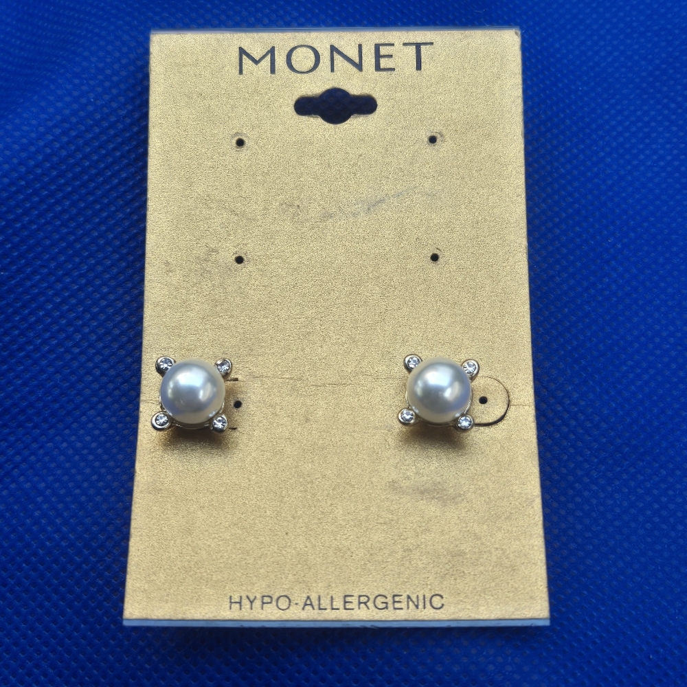 Monet Pearl and Silver Stud Earrings